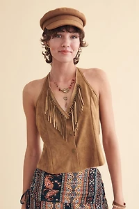 Brown Faux Suede Fringe Western Top