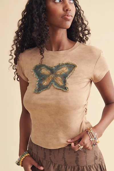 Brown Butterfly Cinch Waist T-Shirt
