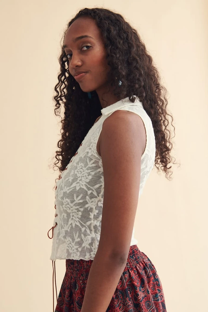 White Boho Sheer Lace Up Top