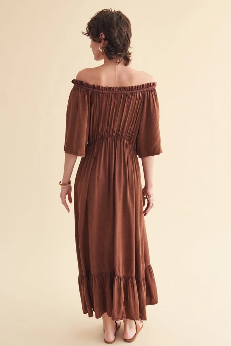 Brown Milkmaid Off Shoulder Maxi Dress