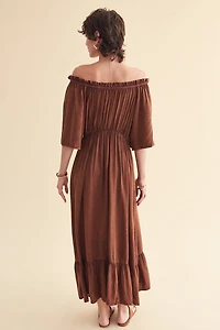 Brown Milkmaid Off Shoulder Maxi Dress