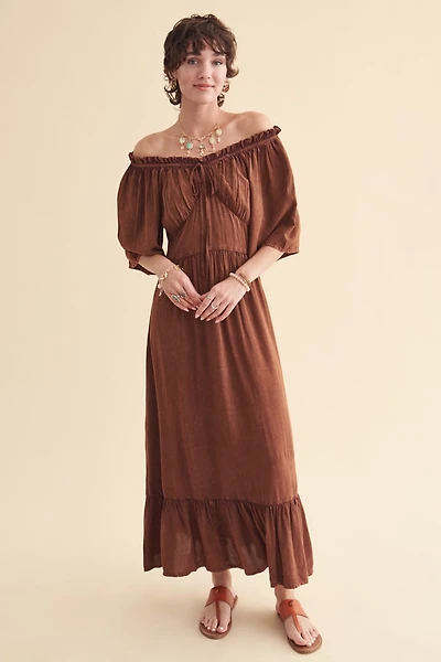 Brown Milkmaid Off Shoulder Maxi Dress