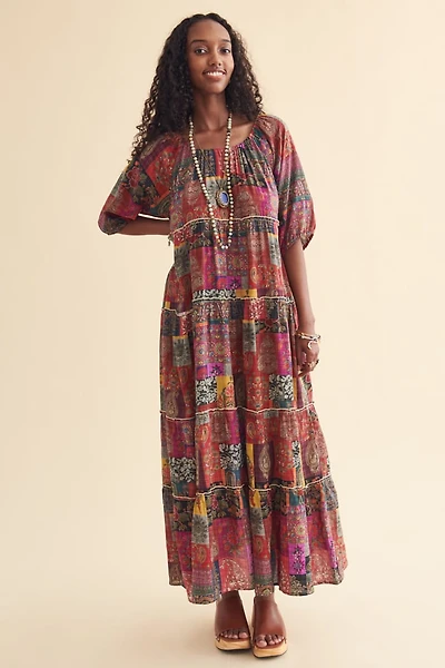 Market Patchwork Print Tiered Maxi Dress