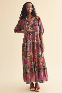 Market Patchwork Print Tiered Maxi Dress