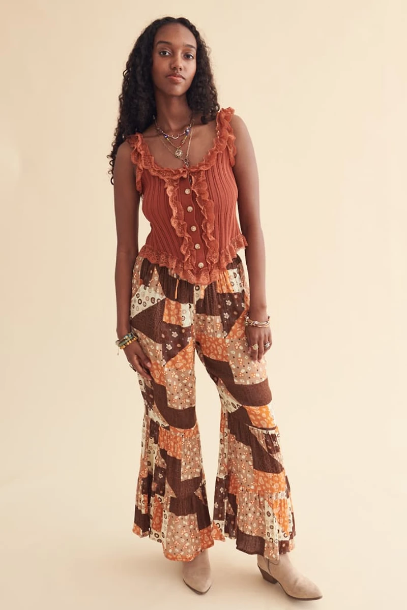 Earth Tone Quilted Print Retro Flare Pants