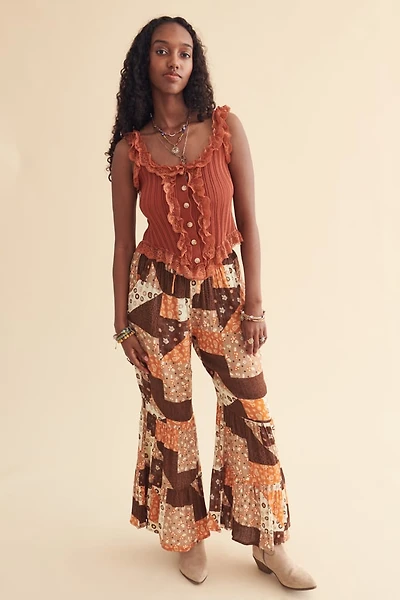 Earth Tone Quilted Print Retro Flare Pants