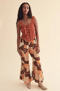 Earth Tone Quilted Print Retro Flare Pants