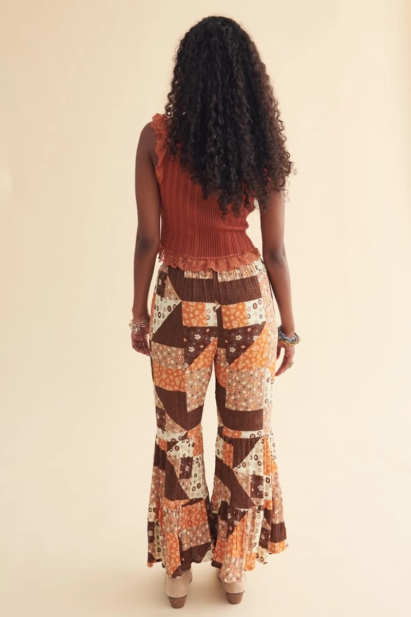 Earth Tone Quilted Print Retro Flare Pants