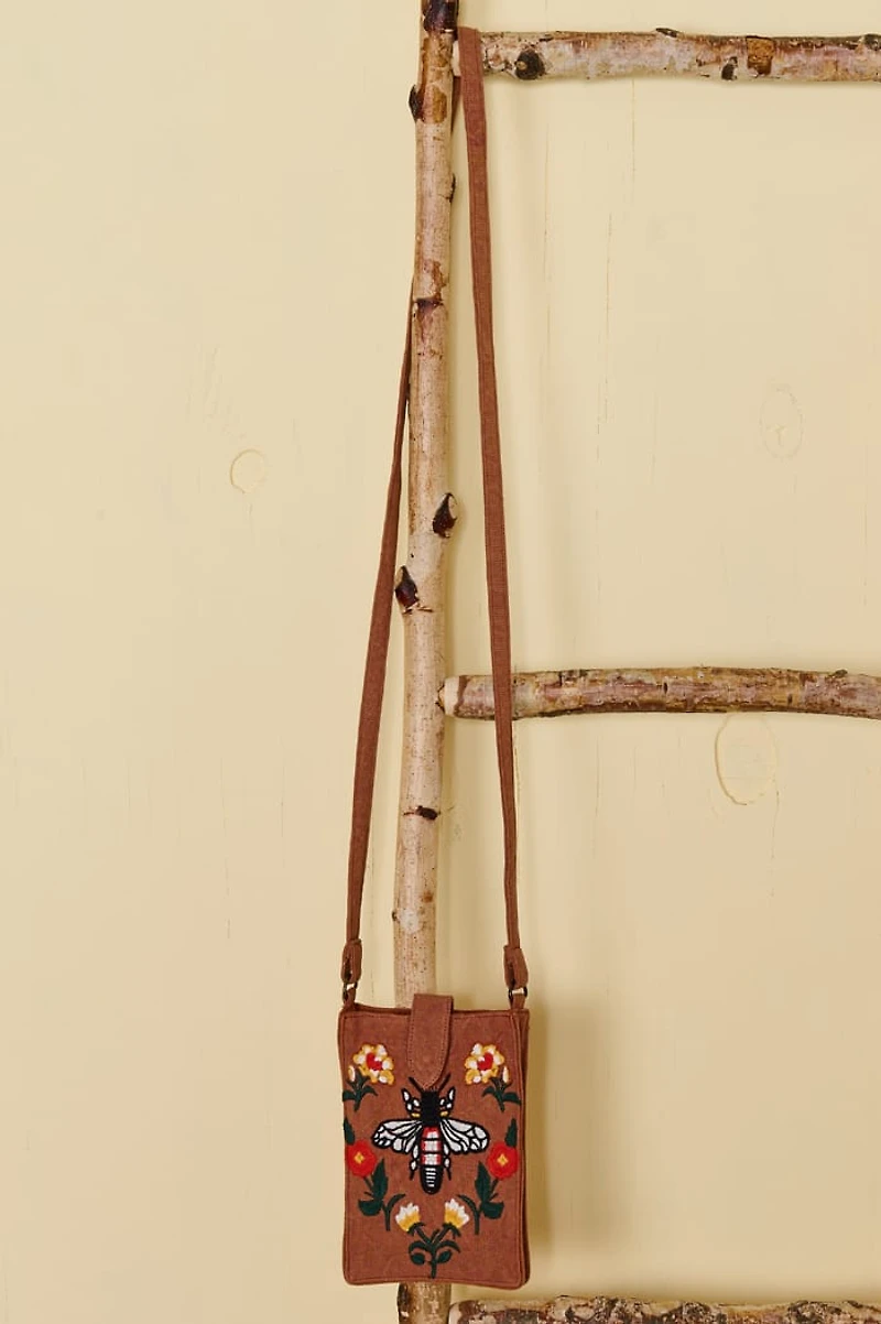 Brown Embroidered Bee Mini Crossbody Bag
