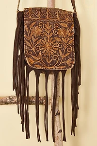 Brown Embroidered Fringe Crossbody Bag