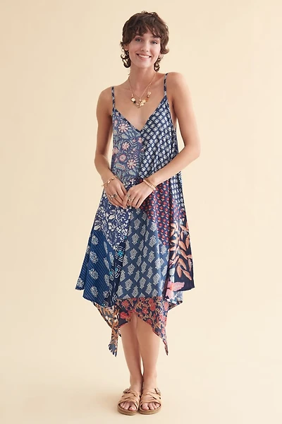 Blue Assorted Patchwork Handkerchief Dress