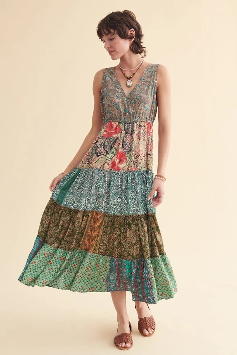 Floral Tiered Patchwork Tank Maxi Dress