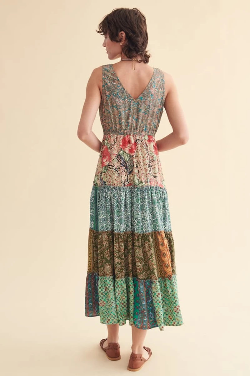 Floral Tiered Patchwork Tank Maxi Dress
