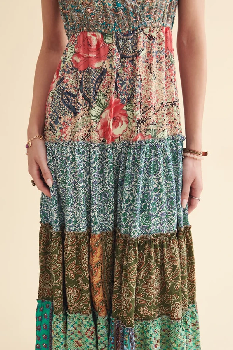 Floral Tiered Patchwork Tank Maxi Dress