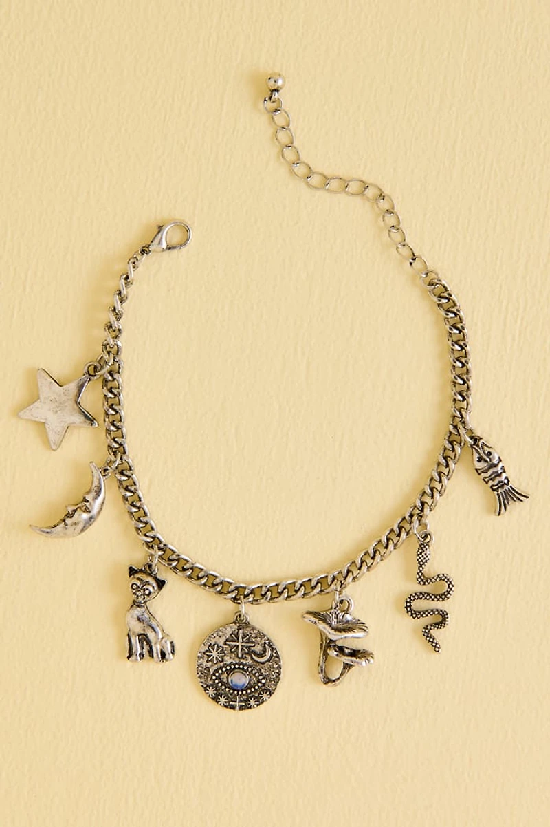 Silver Cat Mushroom Charm Chain Bracelet