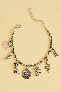 Silver Cat Mushroom Charm Chain Bracelet