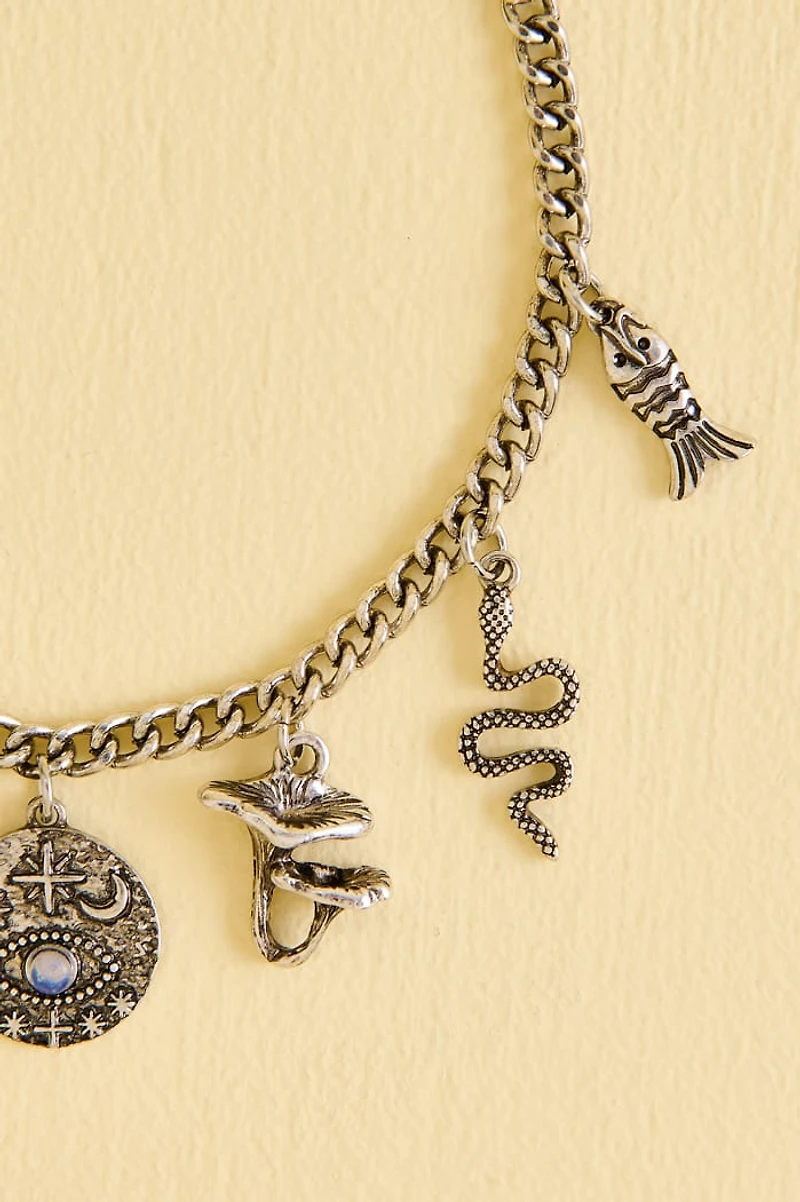 Silver Cat Mushroom Charm Chain Bracelet
