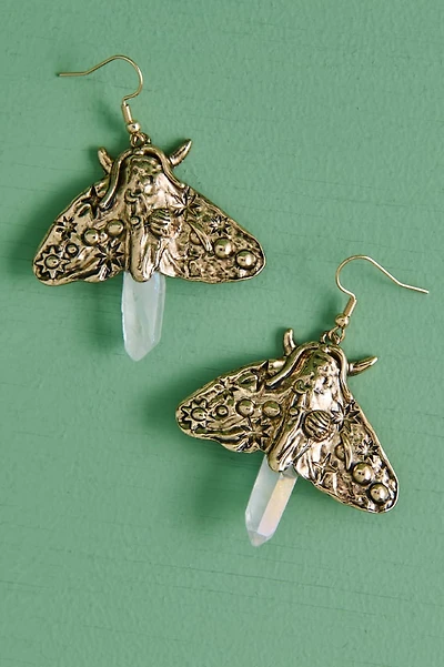 Quartz Gold Metal Moth Earrings