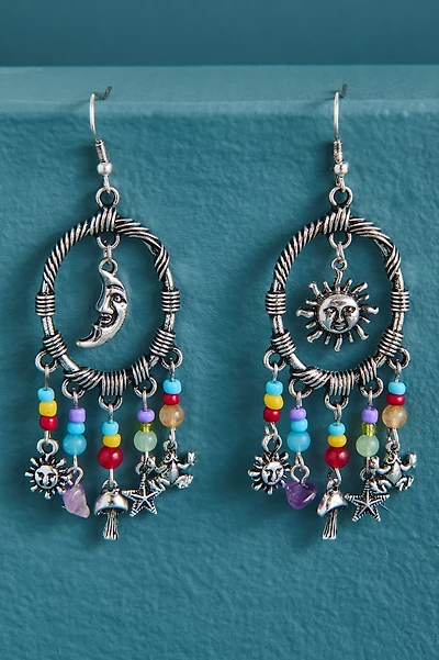 Silver Celestial Beaded Hoop Earrings