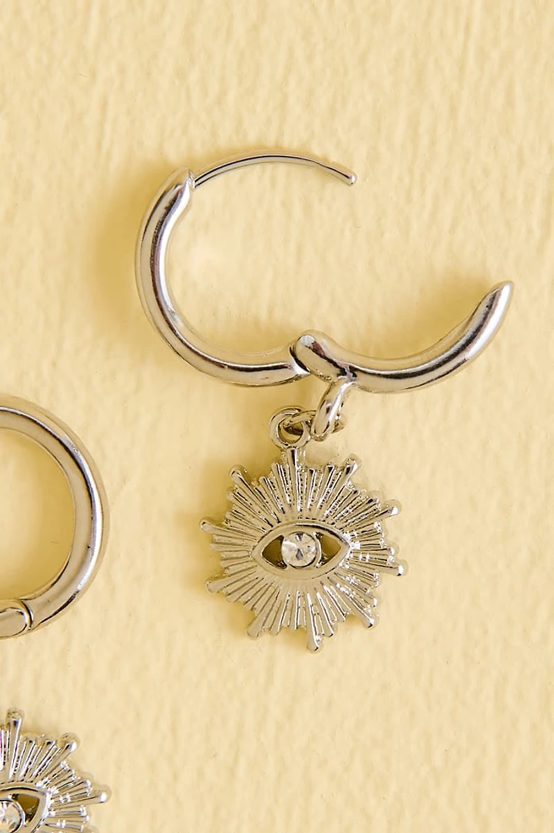 Silver Evil Eye Burst Mini Hoop Earrings