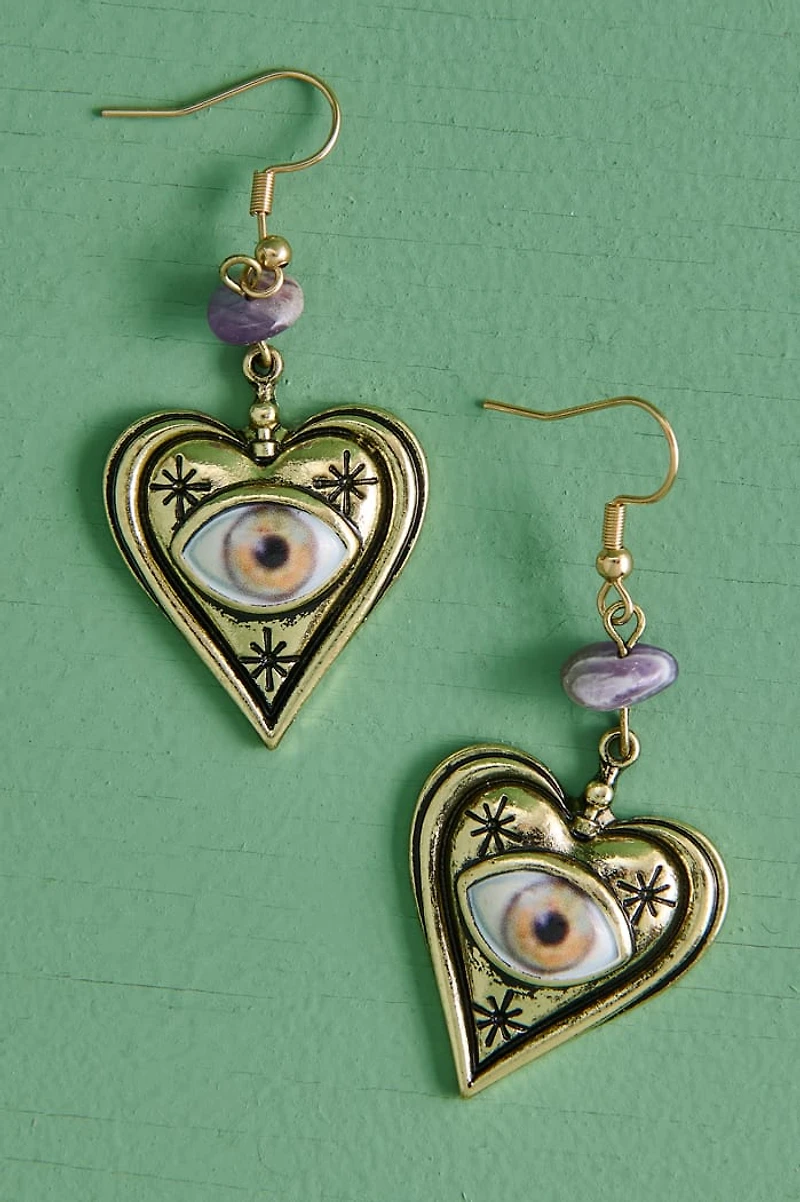 Amethyst Evil Eye Heart Earrings