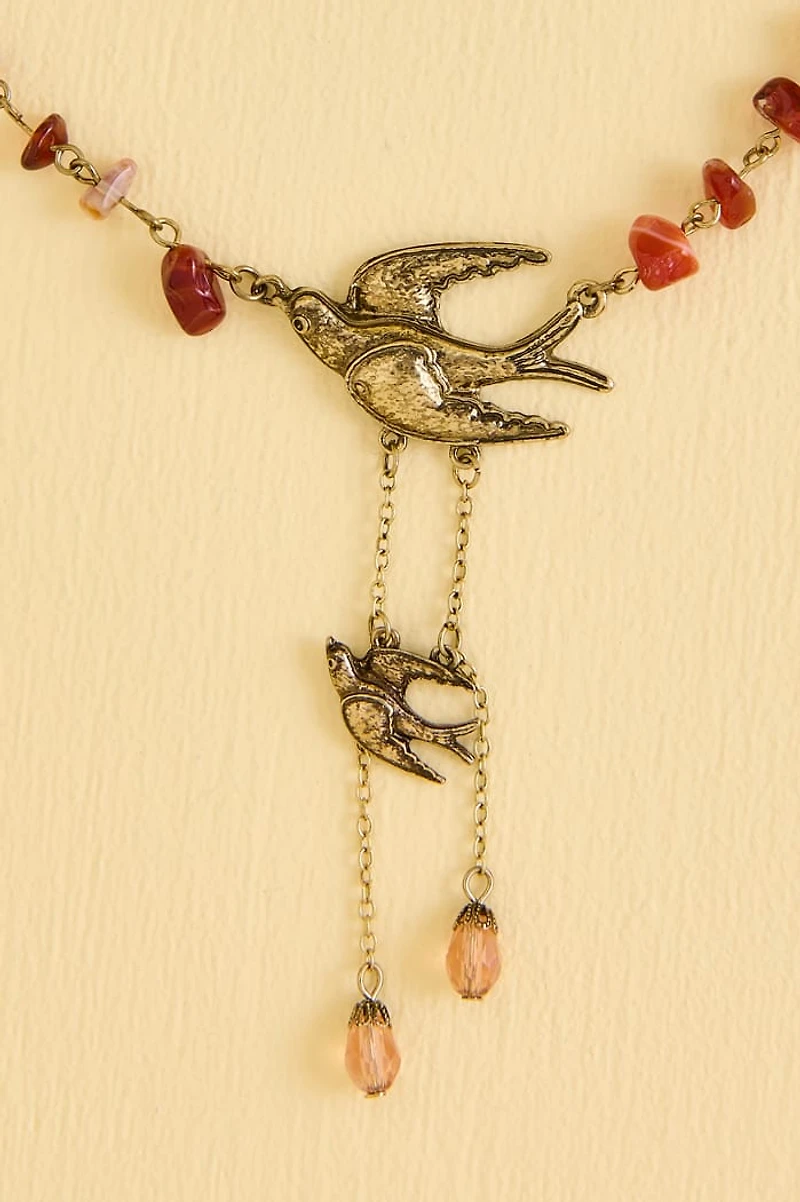 Red Agate Sparrow Beaded Necklace