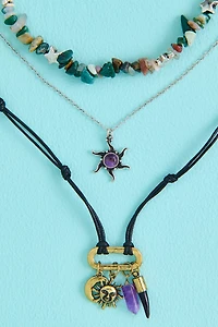 Multi Stone Boho Sun Cord Necklace Set