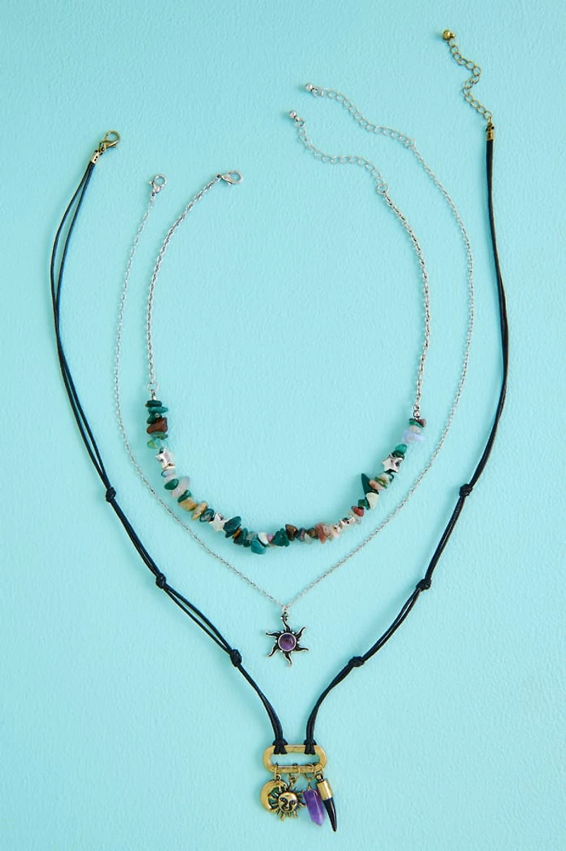 Multi Stone Boho Sun Cord Necklace Set
