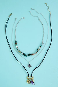 Multi Stone Boho Sun Cord Necklace Set