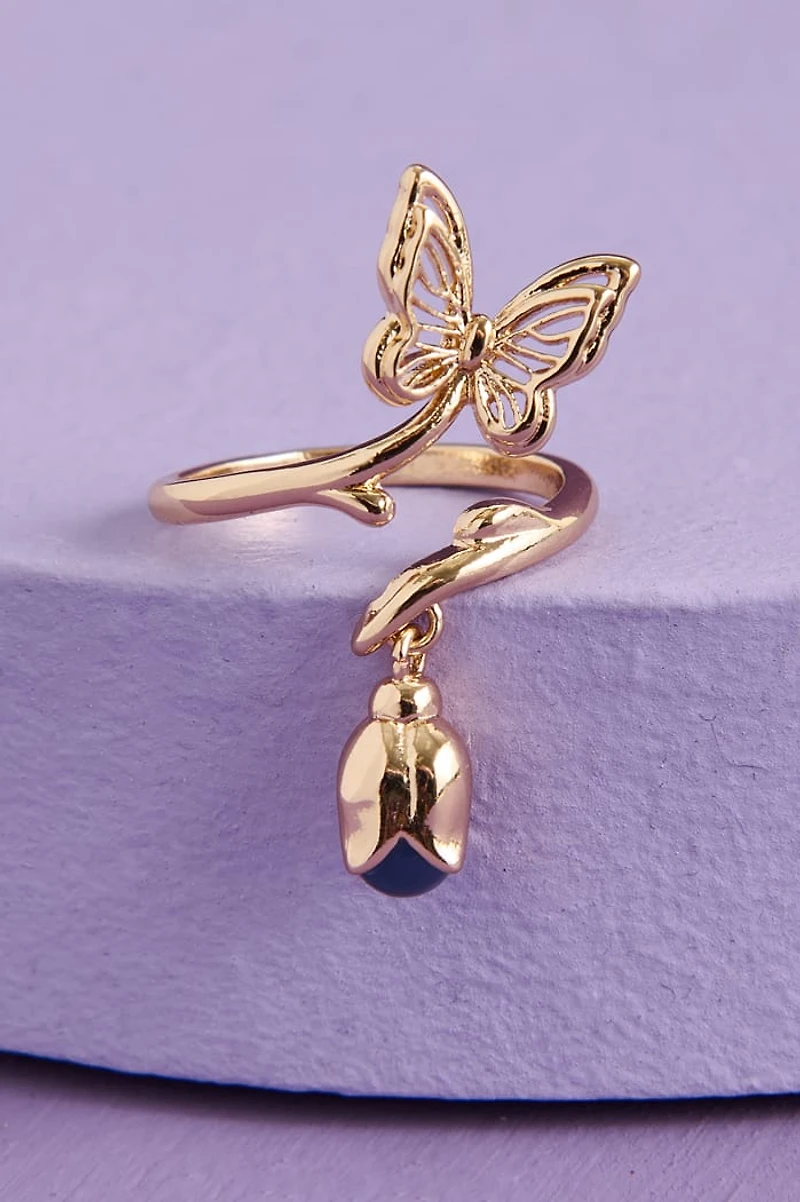 Dainty Butterfly Blue Glass Flower Ring