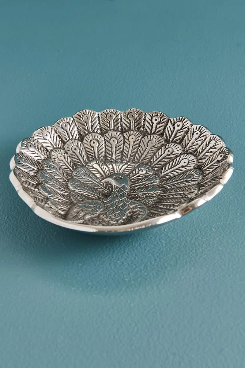 Silver Metal Peacock Catch All Dish
