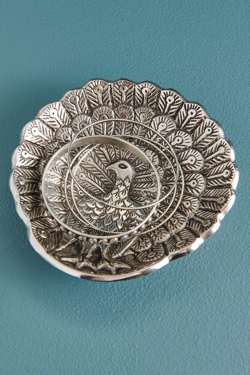 Silver Metal Peacock Catch All Dish