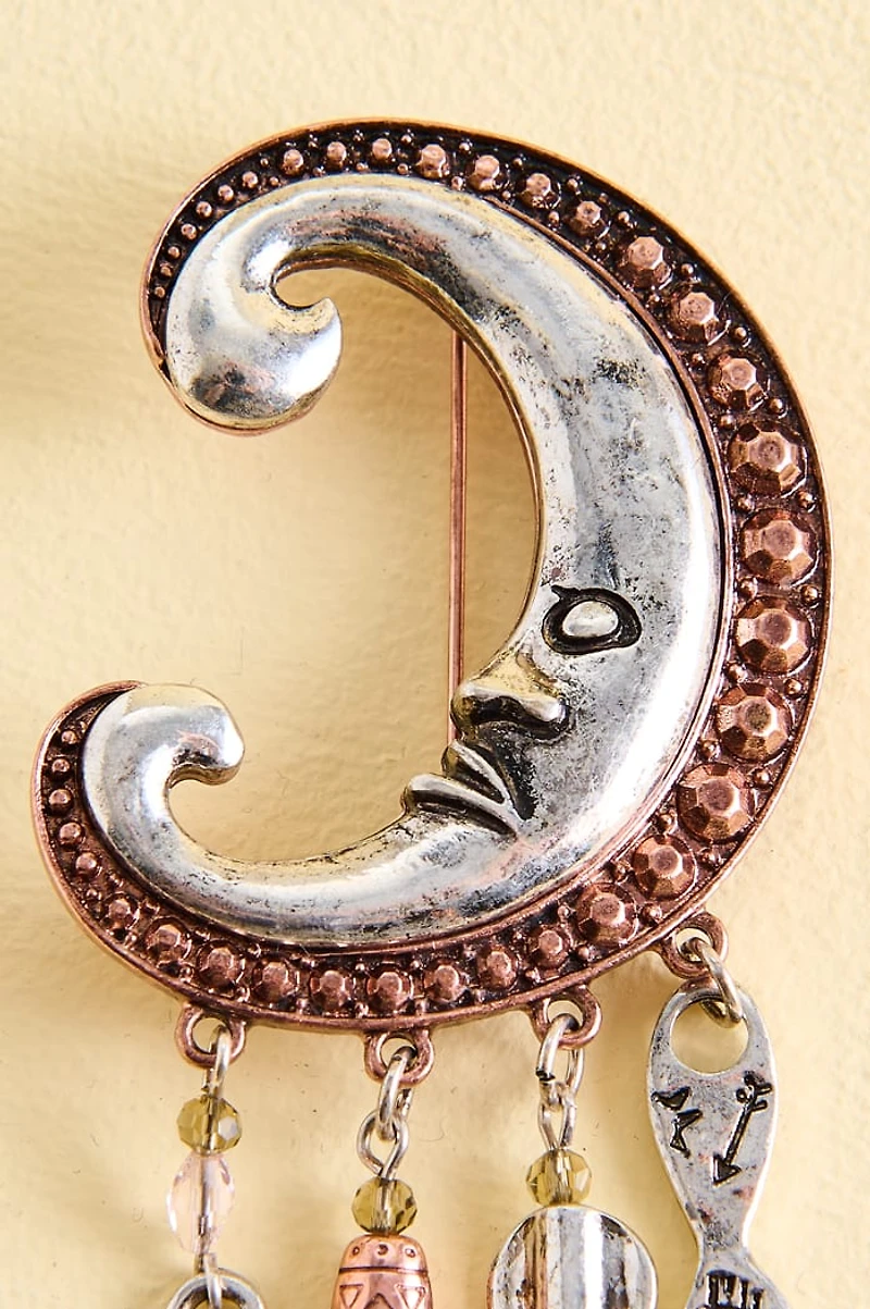 Metal Crescent Moon Charm Brooch
