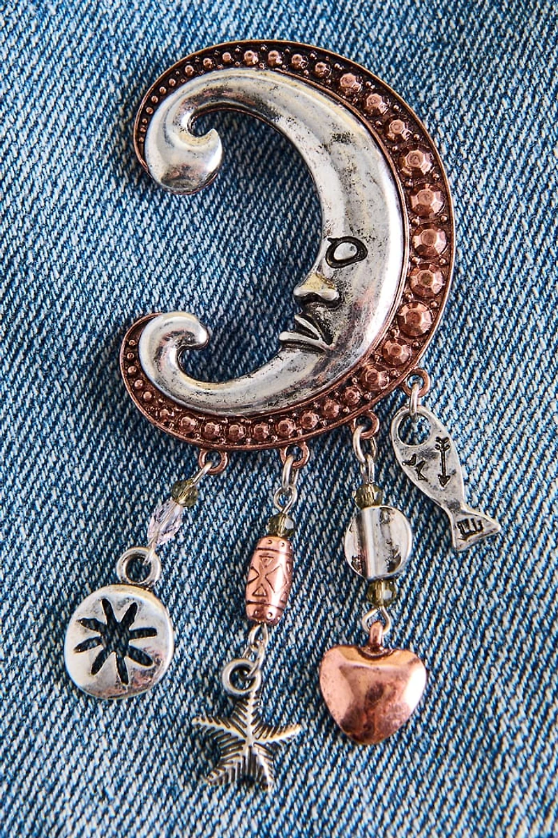 Metal Crescent Moon Charm Brooch