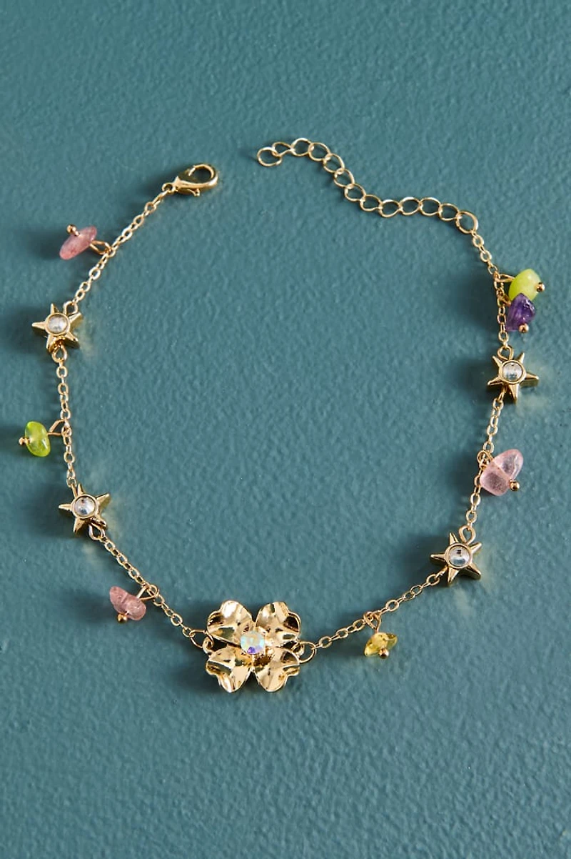Multi Crystal Brass Flower Anklet