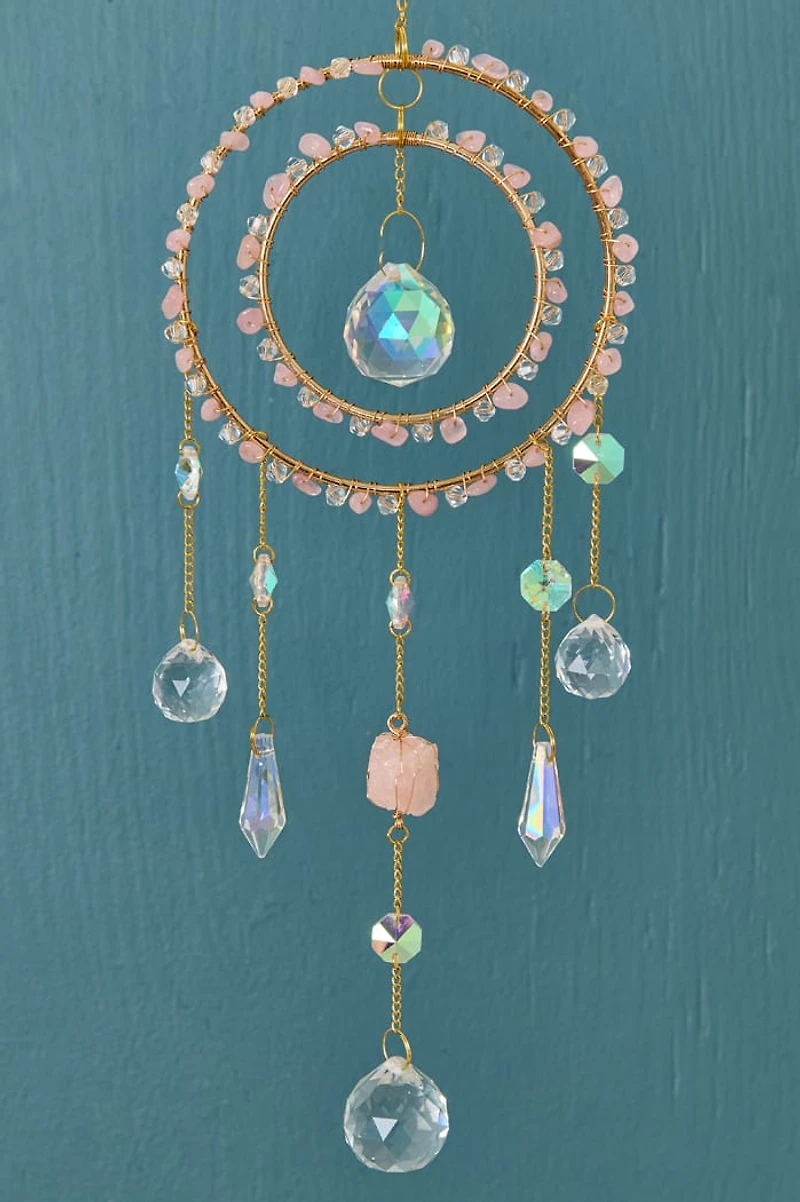 Rose Quartz Double Circle Rainbow Glass Suncatcher