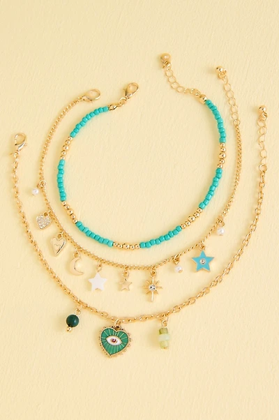 Teal Evil Eye Heart Pearl Anklet Set