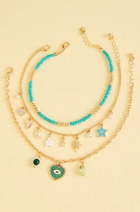 Teal Evil Eye Heart Pearl Anklet Set