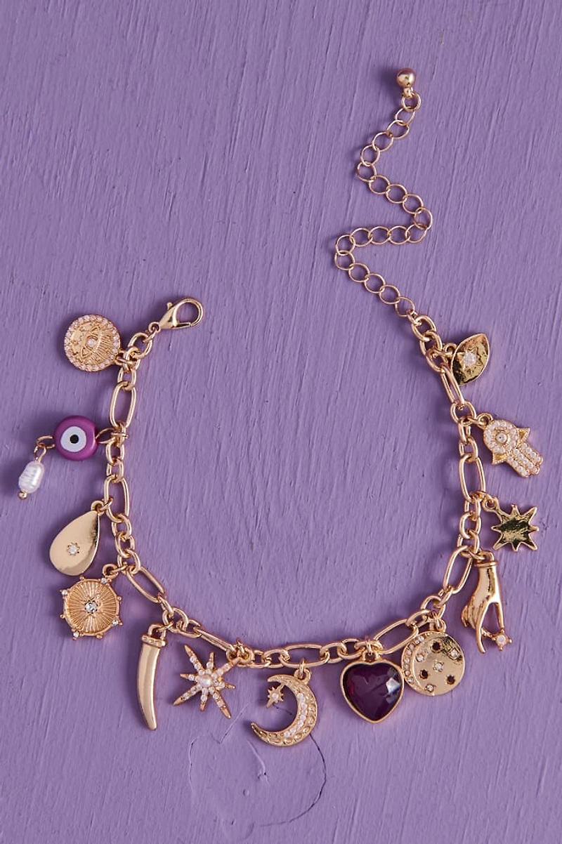 Gold Purple Mystic Eye Charm Bracelet