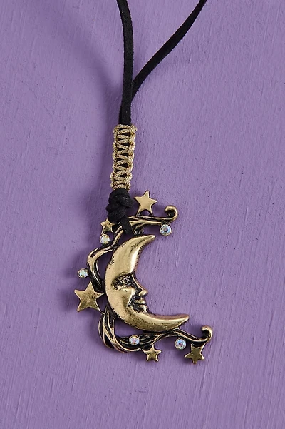 Vintage Moon Face Black Cord Necklace