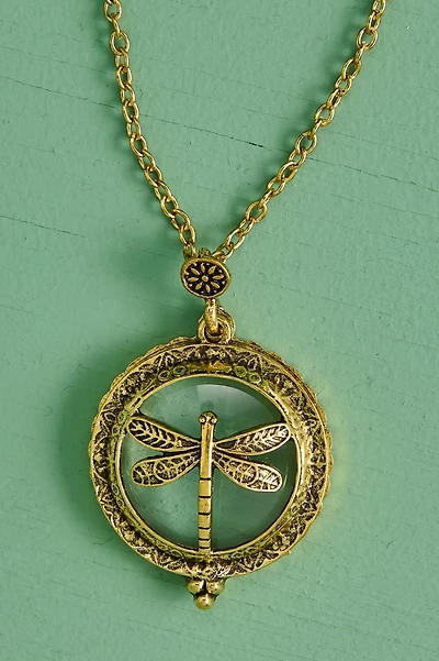 Gold Dragonfly Glass Pendant Necklace