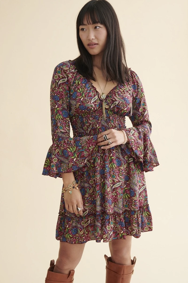 Wine Paisley Sari Mini Dress