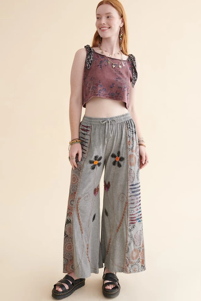 Grey Embroidered Flower Wide Leg Pants