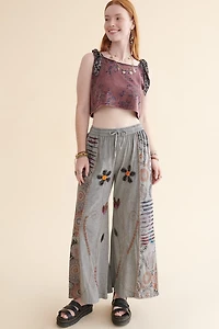 Grey Embroidered Flower Wide Leg Pants