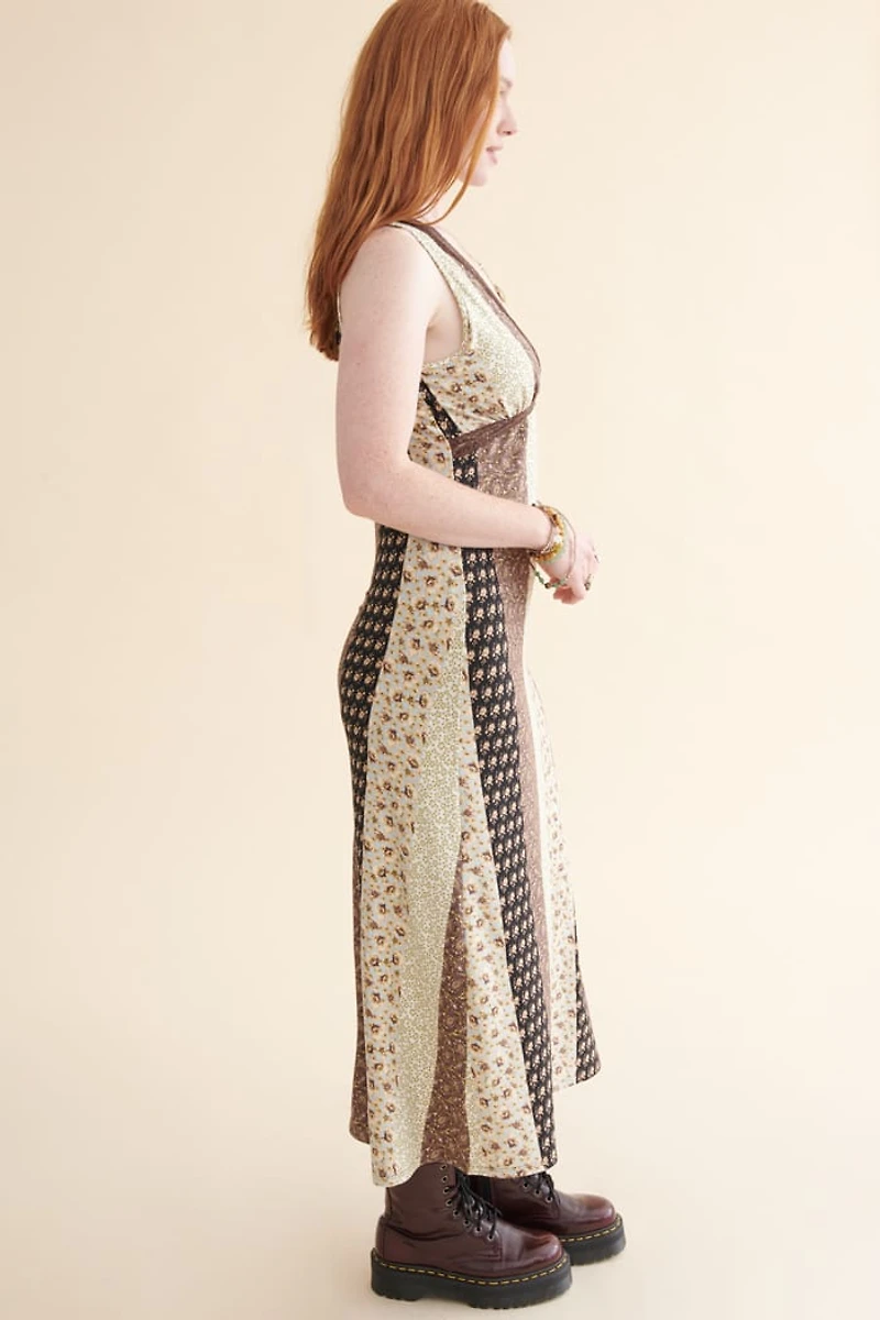 Brown Floral Panel Maxi Slip Dress