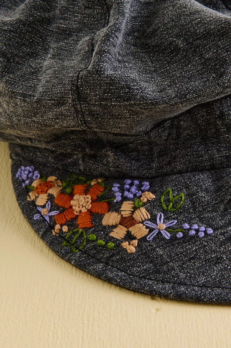 Black Embroidered Y2K Flower Cap