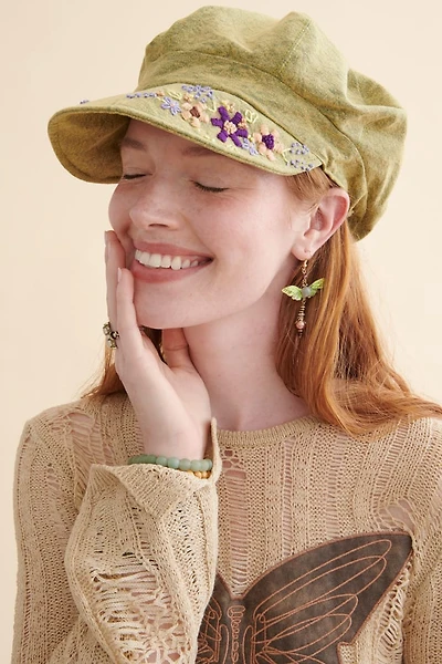 Green Embroidered Y2K Flower Cap