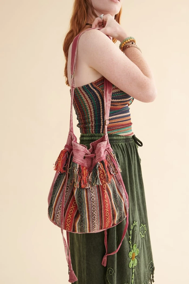 Berry Jacquard Boho Drawstring Bag