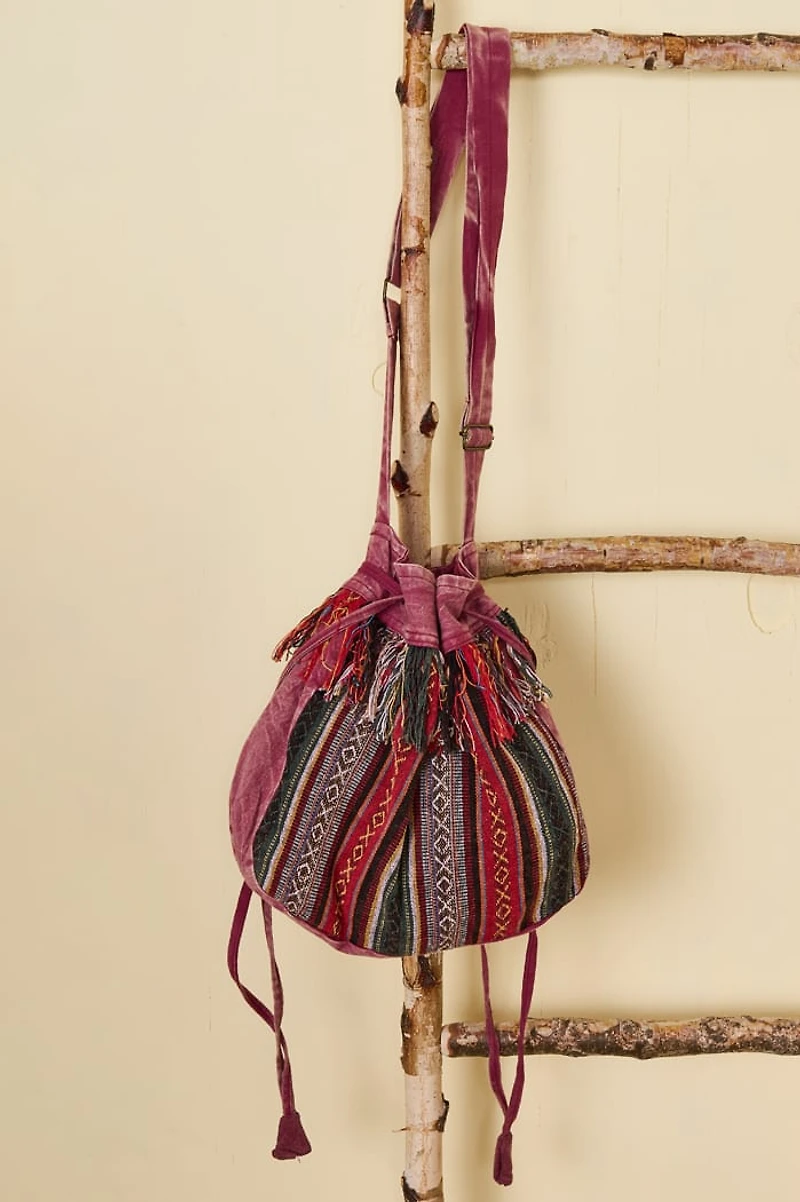 Berry Jacquard Boho Drawstring Bag