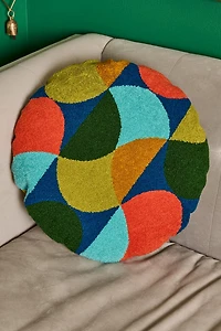 Retro Circle Pillow handcrafted in India from soft cotton fabric, round throw pillow features vibrant embroidered details in a playful retro-inspired pattern that instantly brightens your space